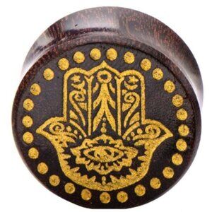 Double Flared Dark Tamarind Wood Plug With Gold Hamsa Front